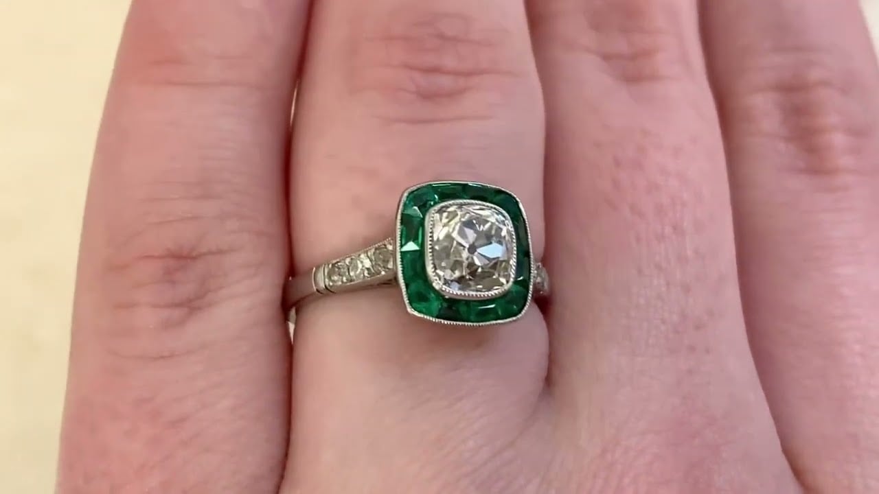 1.30ct Antique Cushion Cut Diamond Emerald Halo Engagement Ring -Sulham Ring- Hand Video