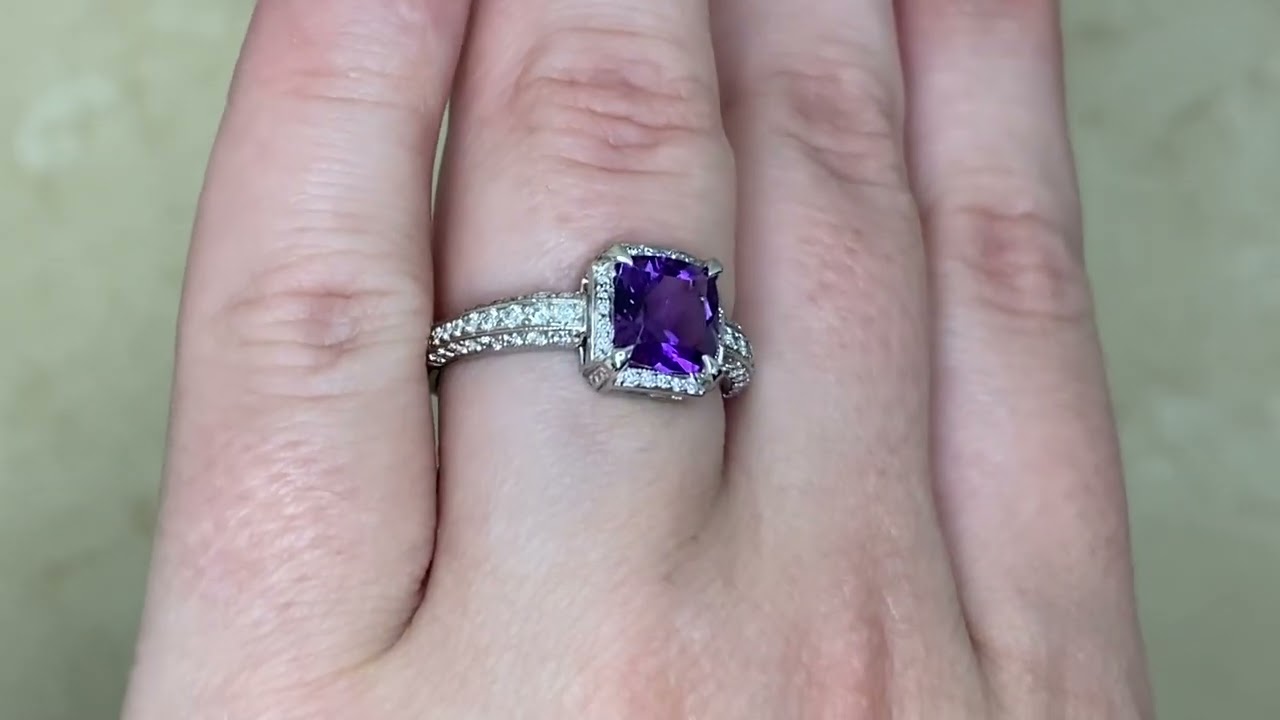 1.36ct Cushion-Cut Amethyst with Diamond Halo Cumberland Ring - hand video -
