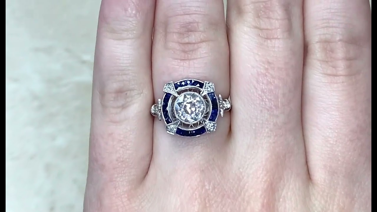 1.32ct center Old European Cut Diamond and Sapphire Halo Engagement Ring -Cambridge Ring- Hand Video