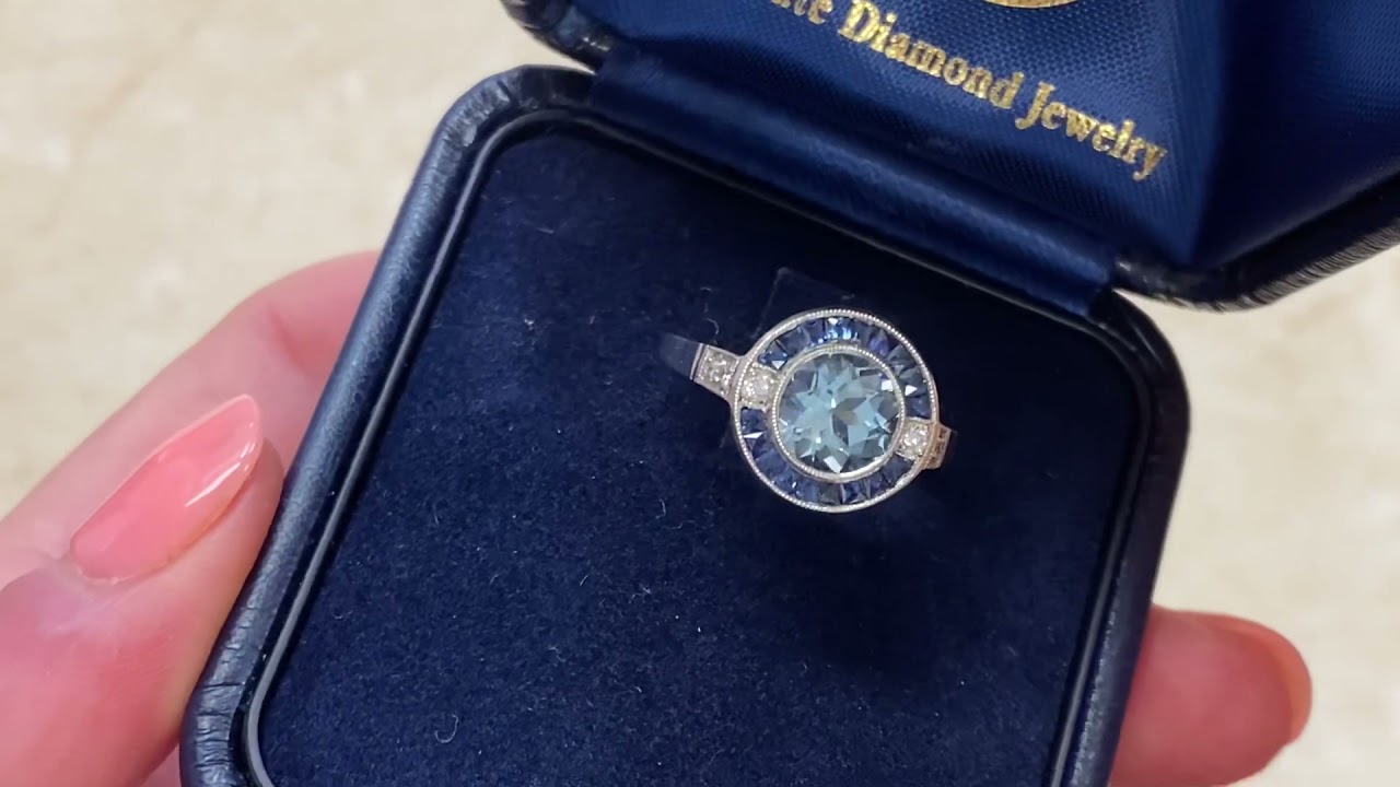 1ct Round Aquamarine and Sapphire Halo Platinum Ring - Thames Ring - Showroom Video