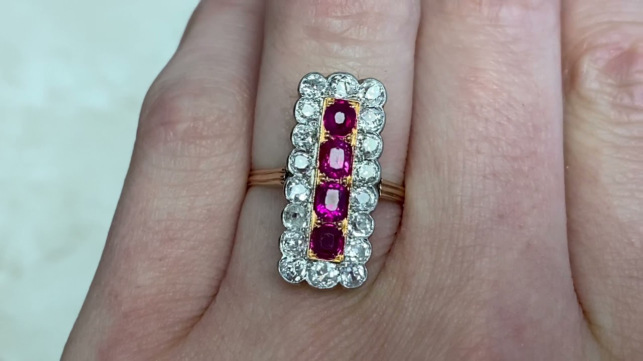 Edwardian Era Cushion-Cut Ruby & Old Mine Diamond 18k Yellow Gold Ring - Ashmont Ring - Hand Video