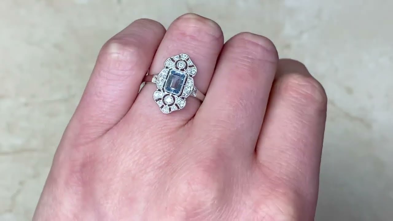 Natural Aquamarine Elongated Diamond Accented Gemstone Ring - Vineland Ring - Hand Video