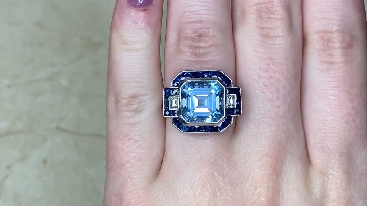 4.80ct Center Asscher Cut Aquamarine and Sapphire Halo Ring - Oregon Ring - Hand Video