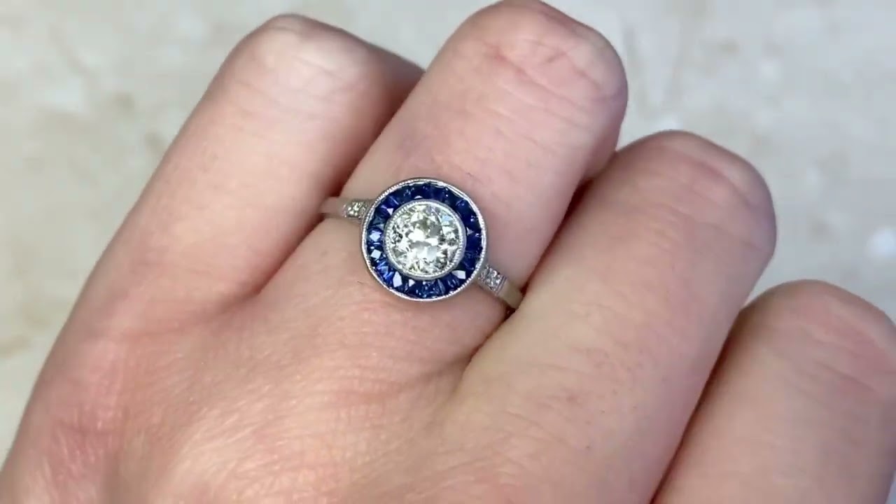 Old European Cut Diamond & Natural Sapphire Halo Engagement Ring - Kingwood Ring - Hand Video
