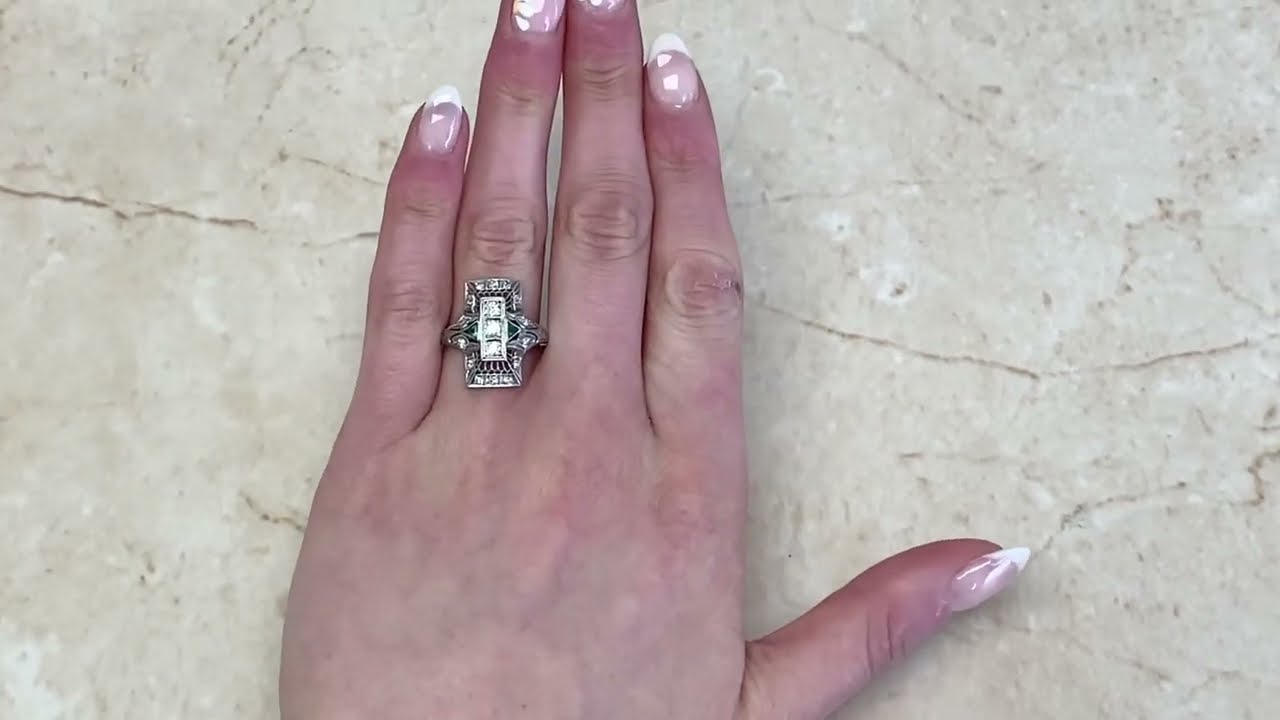 Art Deco Elongated Three Old European Diamond & Emerald Accented Ring - Hand Video - Montclair Ring