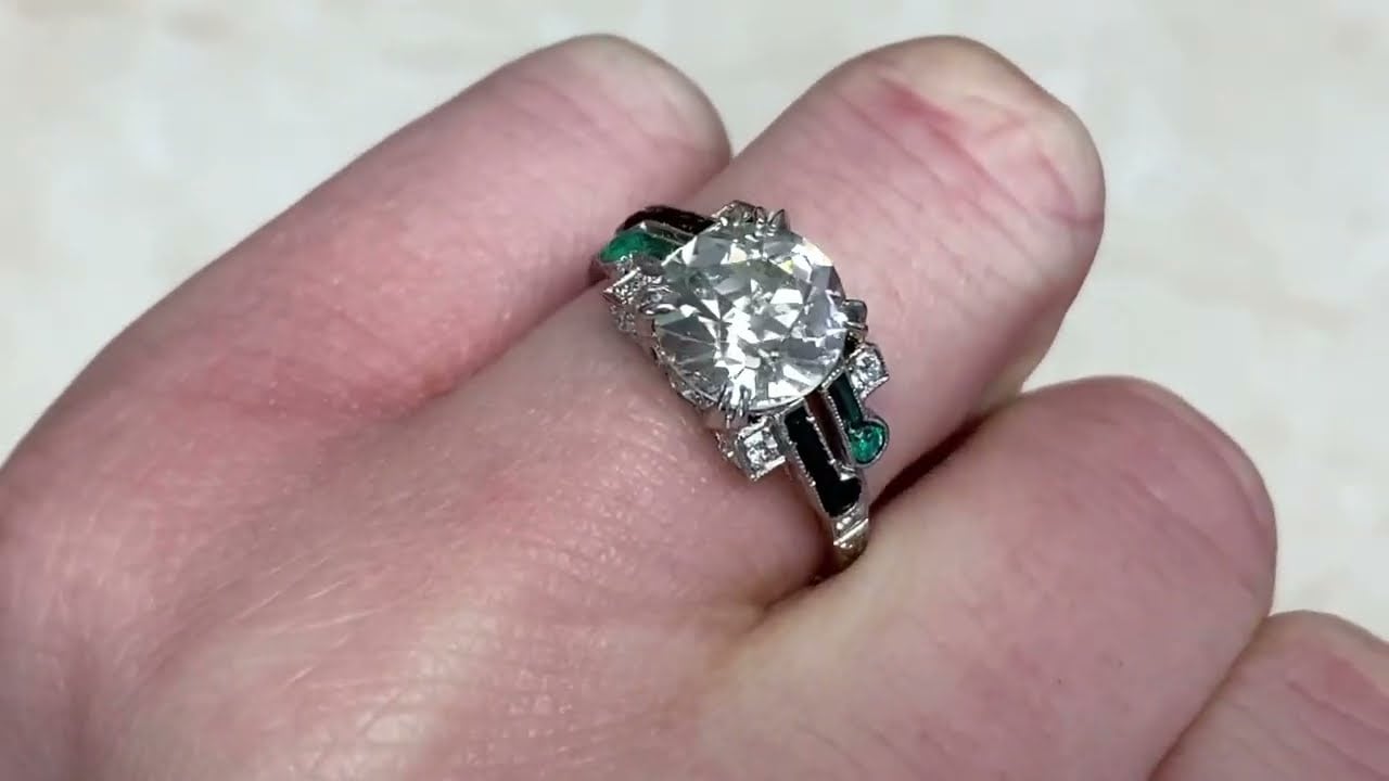 2.88ct Center Old European Cut Diamond Onyx and Emerald Engagement Ring - Bollon Ring - Hand Video