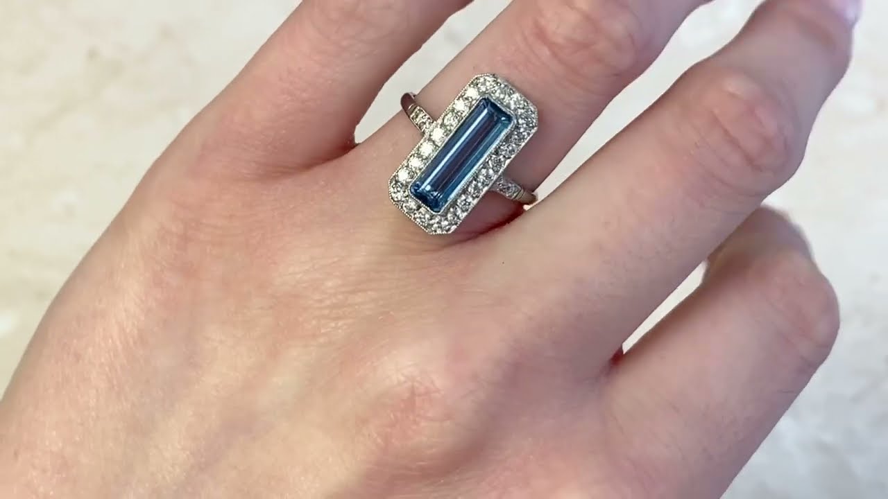 Elongated Aquamarine & Diamond Geometric Halo Ring - Delaware Aquamarine Ring - Hand Video