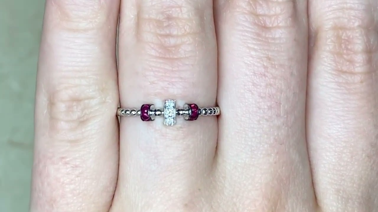 18k White Gold Diamond and Ruby Ring Decorated With Beaded Design - Moraine Band - Hand Video