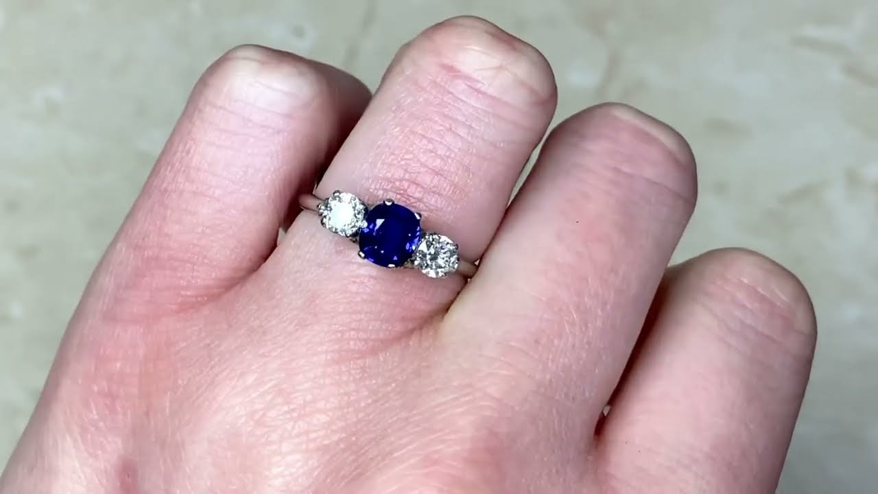 Antique Three Stone Sapphire & Diamond Engagement Ring - Cannes Ring - Hand Video