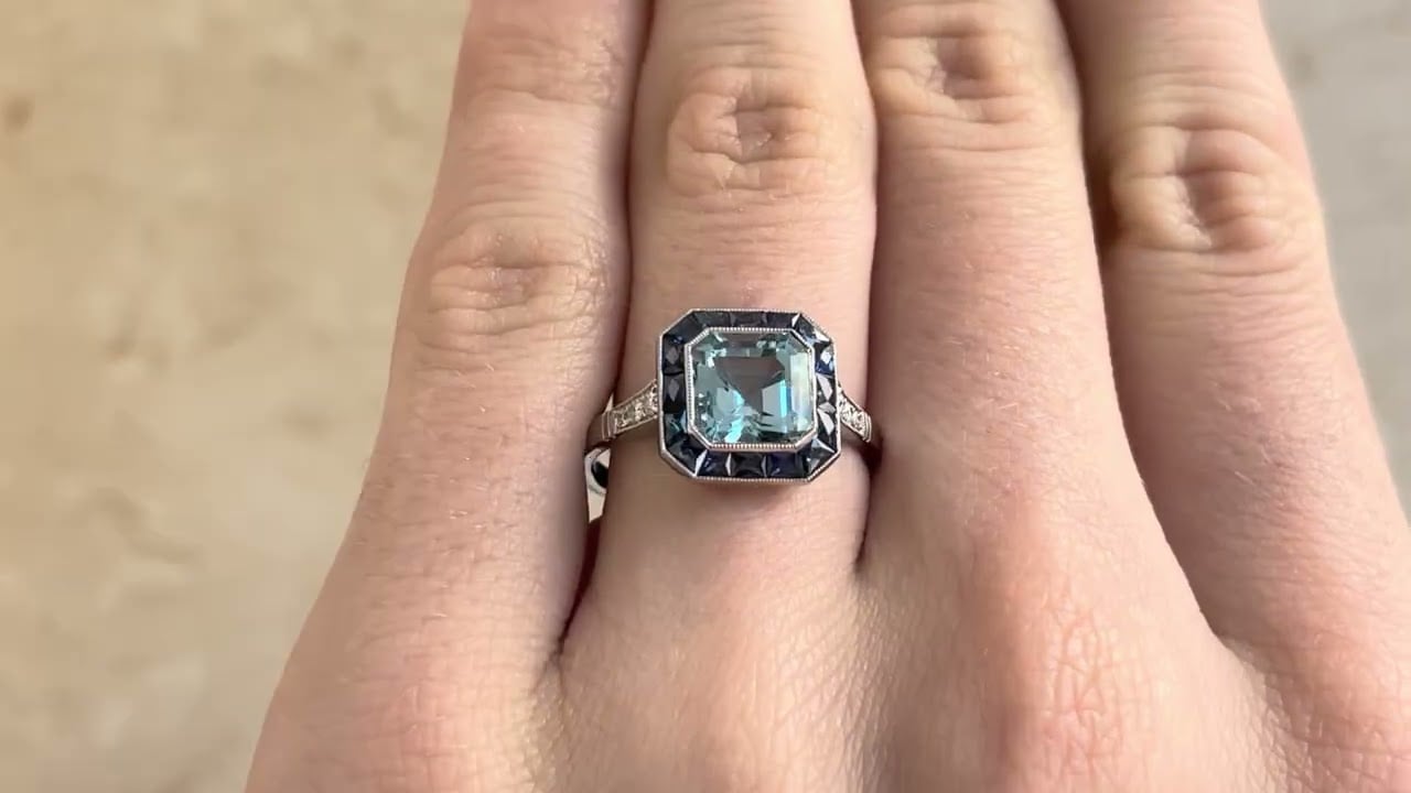 1.64ct Aquamarine with Sapphire Halo Morrill Ring