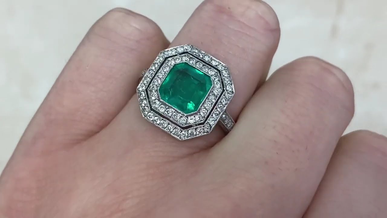 1.52ct Center Colombian Emerald and Double Diamond Halo Ring - Fitchburg Ring - Hand Video