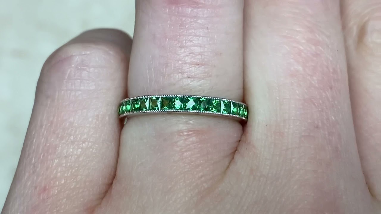 1.46ct French Cut Tsavorite Garnet Channel Set Platinum Eternity Band - Livonia Band - Hand Video