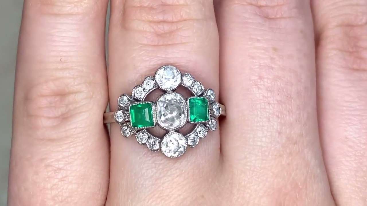 Edwardian Era 0.50ct Center Antique Cushion Cut Diamond & Emerald Ring - Gibraltar Ring - Hand Video