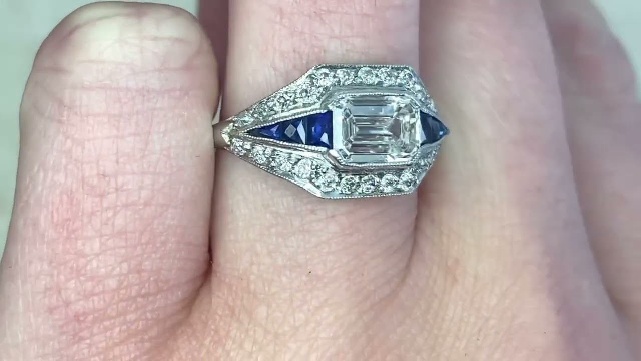 1.15ct Vintage Emerald Cut Diamond and Sapphire Engagement Ring - Woodbine Ring - Hand Video