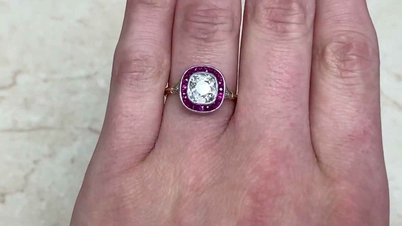 1.68 Carat Antique Cushion Diamond and Ruby Halo Ring - Rutland Ring - Hand Video