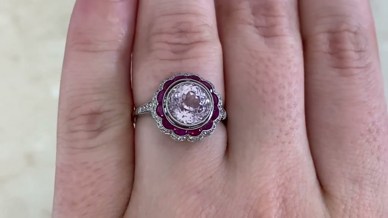 2.57ct Round Kunzite Double Halo of Rubies and Diamonds Veivera Ring - hand video-
