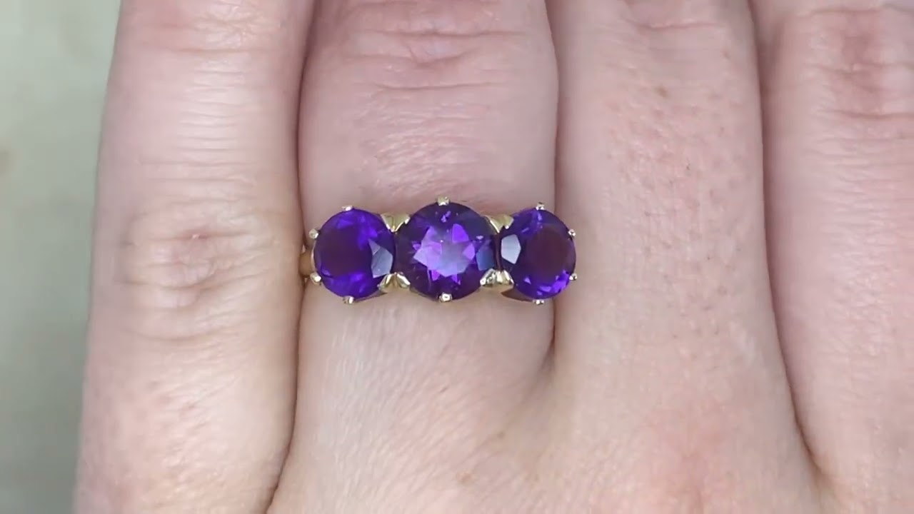 Antique 2.61ct Three-Stone Amethyst and 18k Yellow Gold Valmiera Ring, Circa 1880 - hand video -