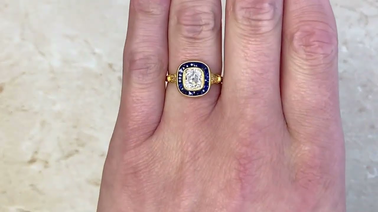 Unique 18k Yellow Gold Mounting Diamond & Sapphire Halo Engagement Ring - Spruce Ring - Hand Video