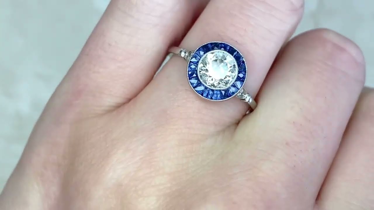 1.17ct Center Old European Cut Diamond and Sapphire Halo Engagement Ring - Laval Ring-  Hand Video