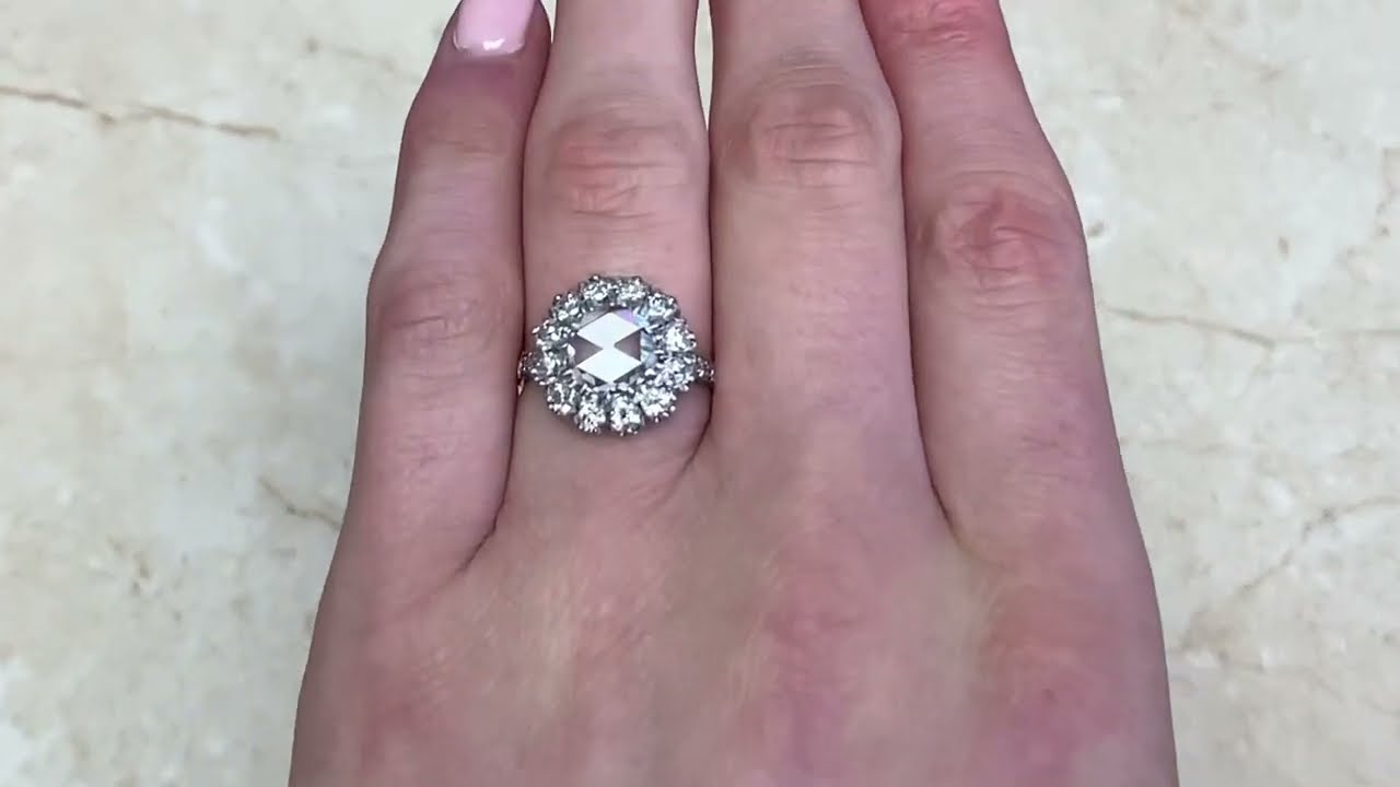 1.22ct Center GIA Certified Rose Cut Diamond Cluster Halo Engagement Ring - Almena Ring - Hand Video