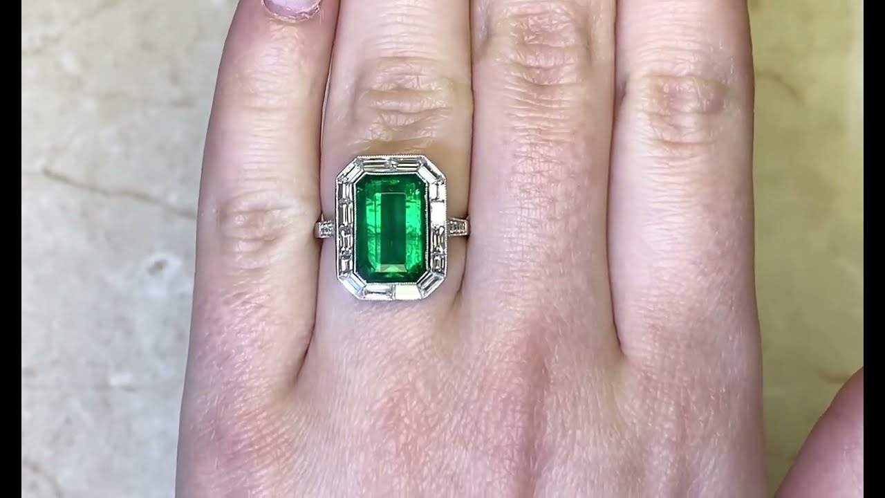 5.65ct Center Emerald Cut Emerald and Baguette Cut Diamond Halo Ring - Ardena Ring - Hand Video