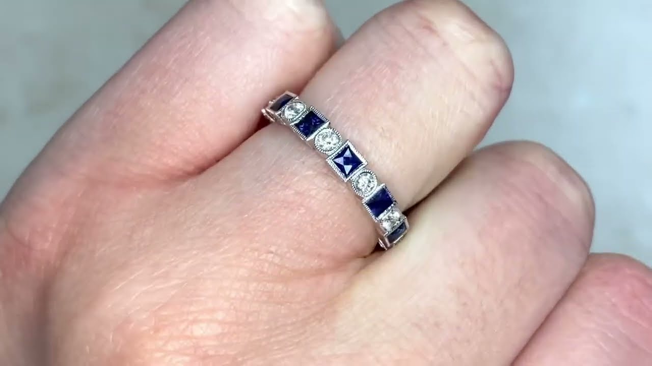 French Cut Sapphire & Round Brilliant Diamond Alternating Wedding Band - Laporte Band - Hand Video