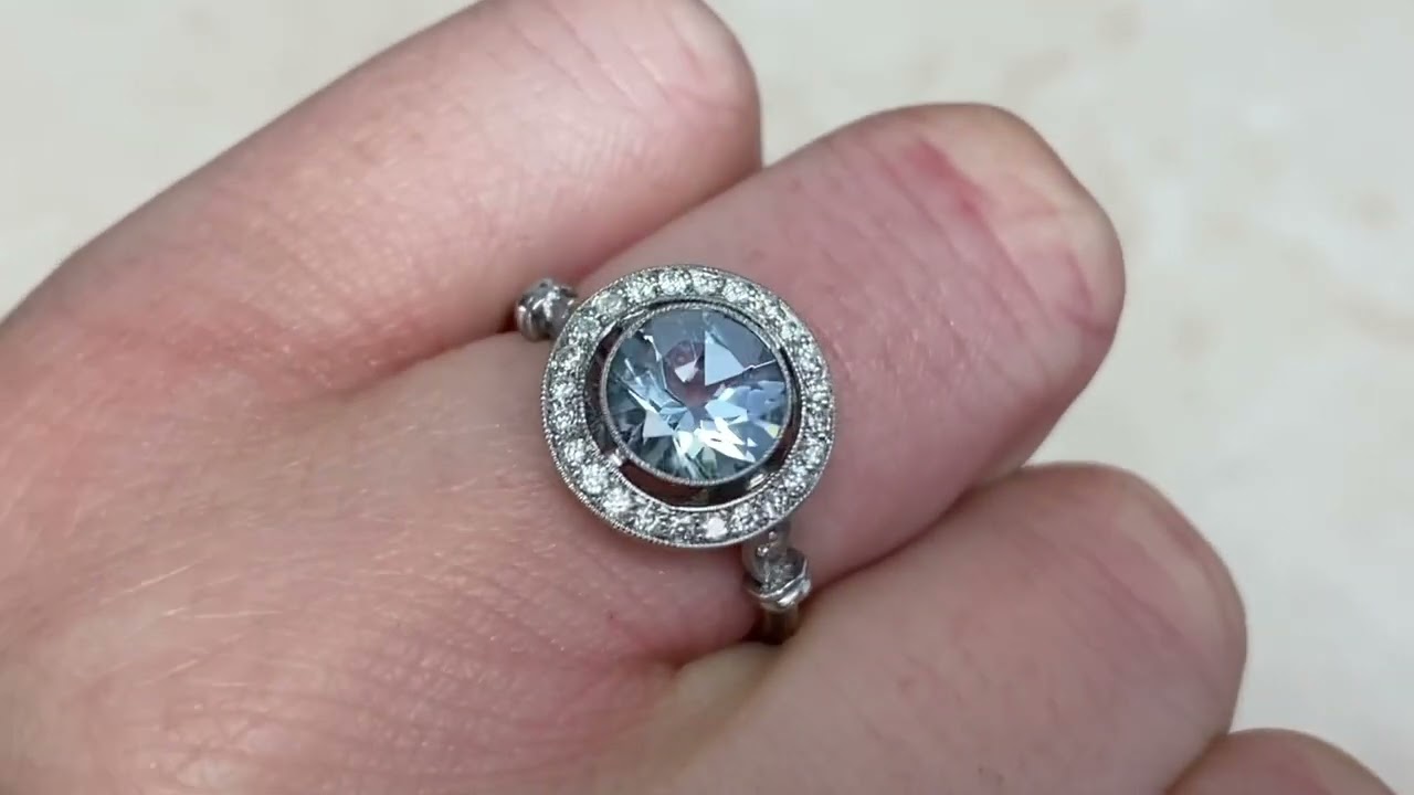 1ct Center Aquamarine and Diamond Halo Engagement Ring - Burnell Ring - Hand Video