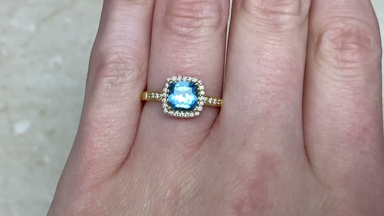 0.90ct Center Topaz and Diamond Halo 18k Yellow Gold Ring - Lagoon Ring - Hand Video