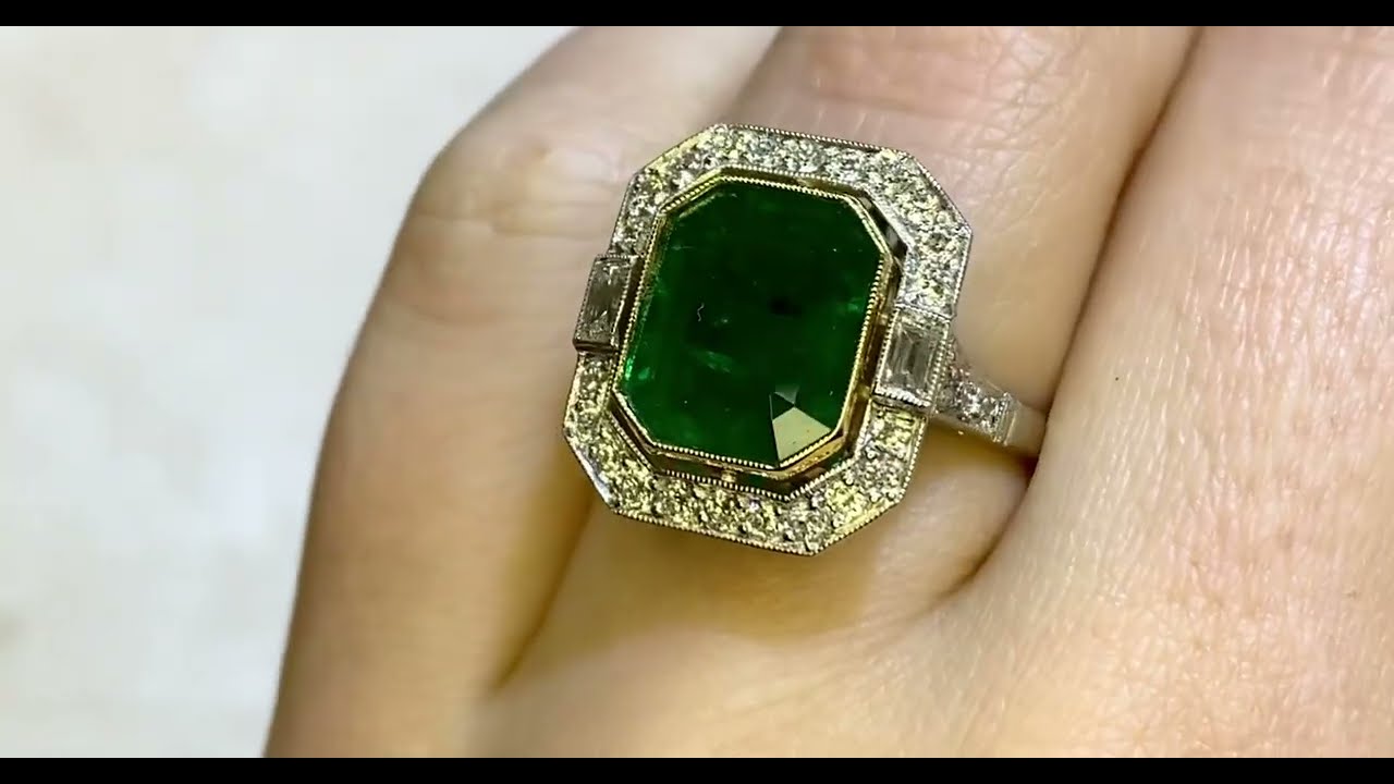 4.97ct Center Emerald Cut Emerald and Diamond Halo Ring - Greenwich Ring - Hand Video