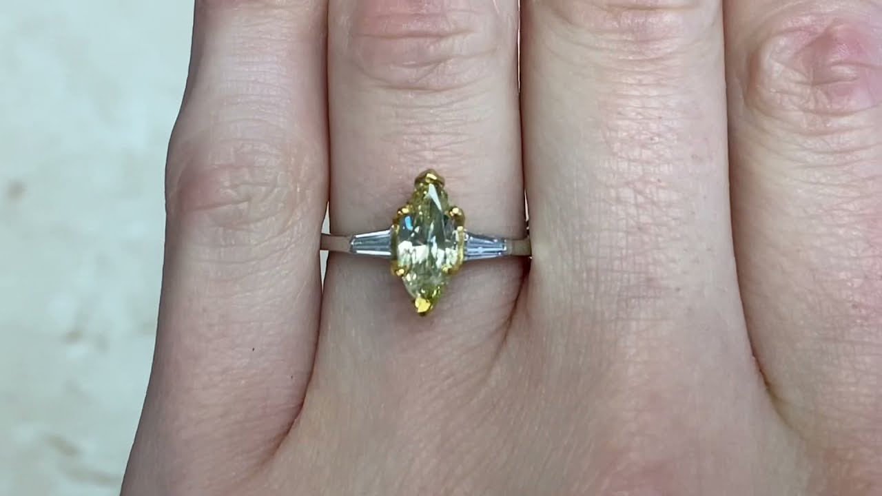 Marquise-Cut Fancy Yellow Diamond Set In 18k Yellow Gold on Platinum - Alameda Ring - Hand Video