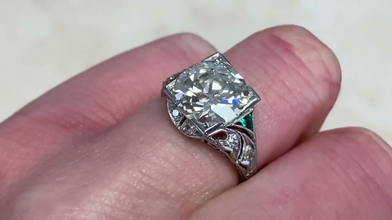 3.30ct Old European Cut Box Prong Diamond and Emerald Engagement Ring - Belcastel Ring - Hand Video