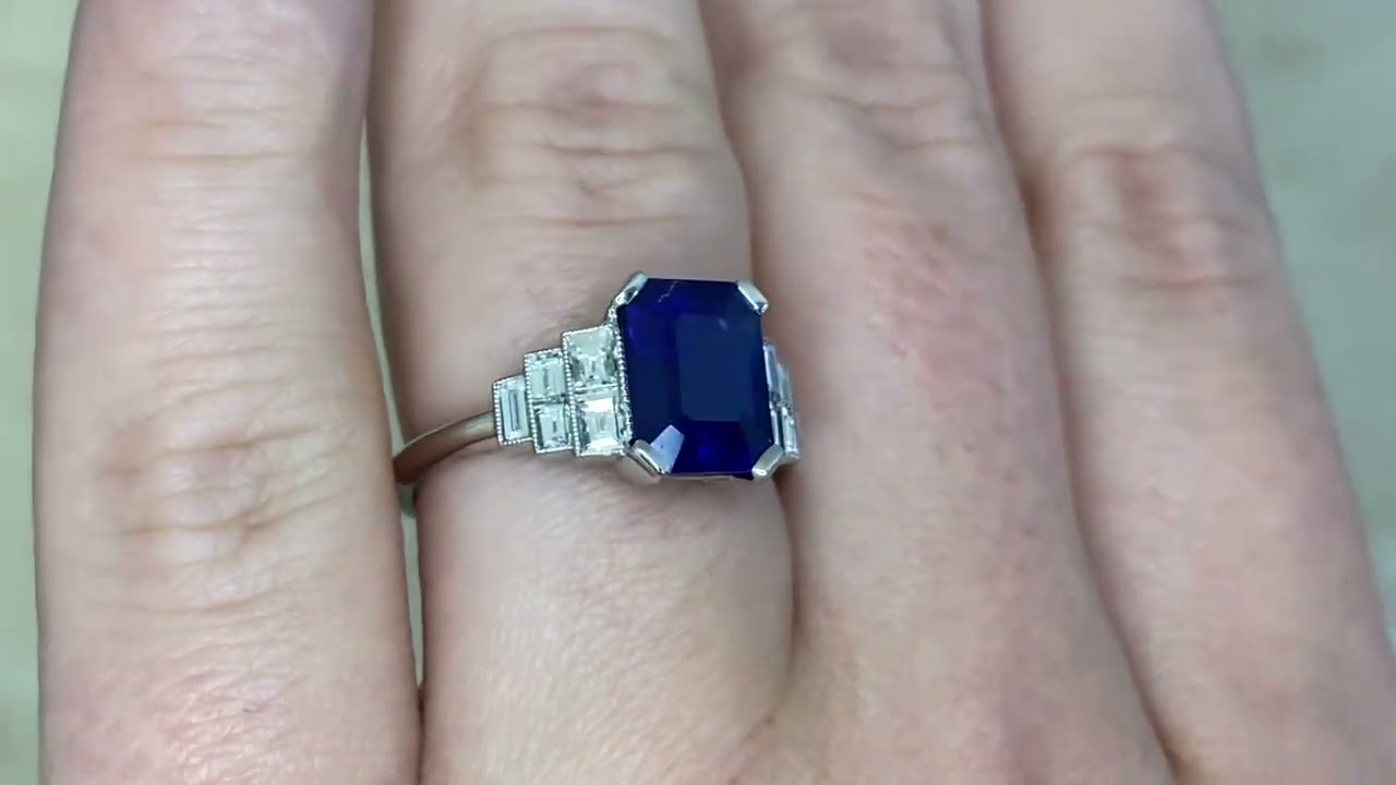 2.50ct Emerald-Cut Sapphire Platinum Ring. Atlantic Ring - hand video -