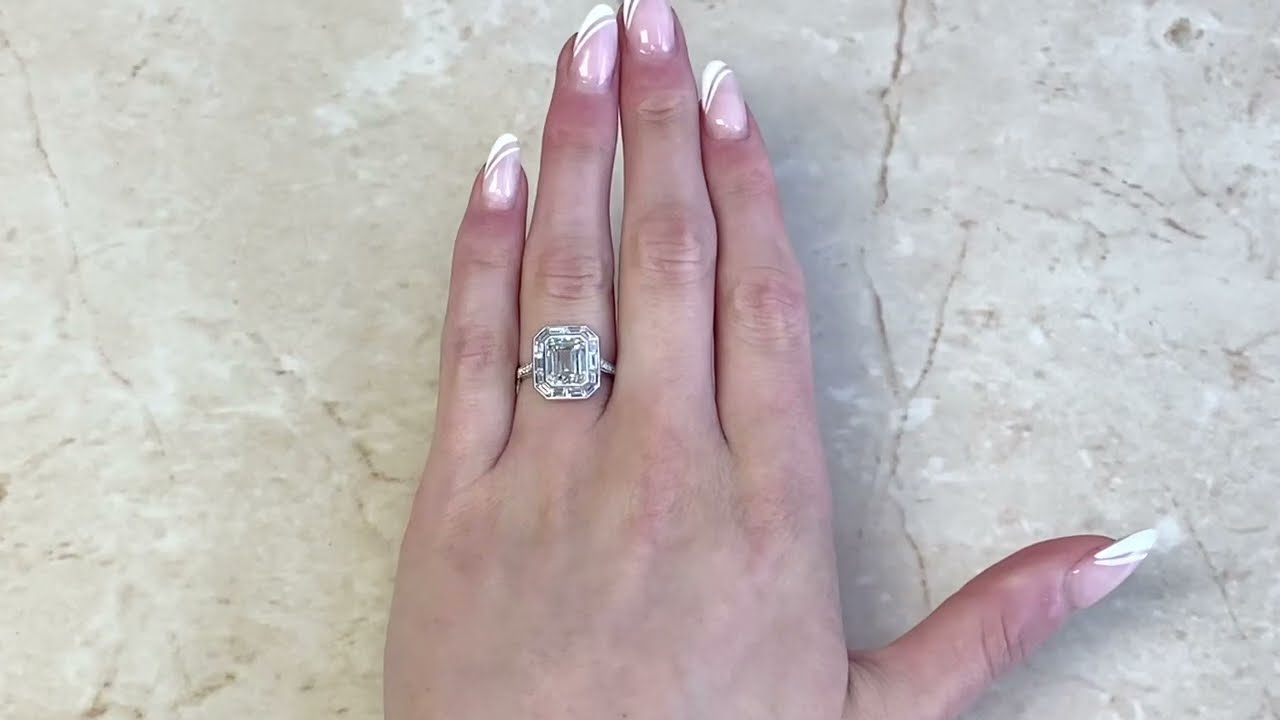Emerald Cut Diamond & Baguette Cut Halo Engagement Ring - Colborne Ring - Hand Video