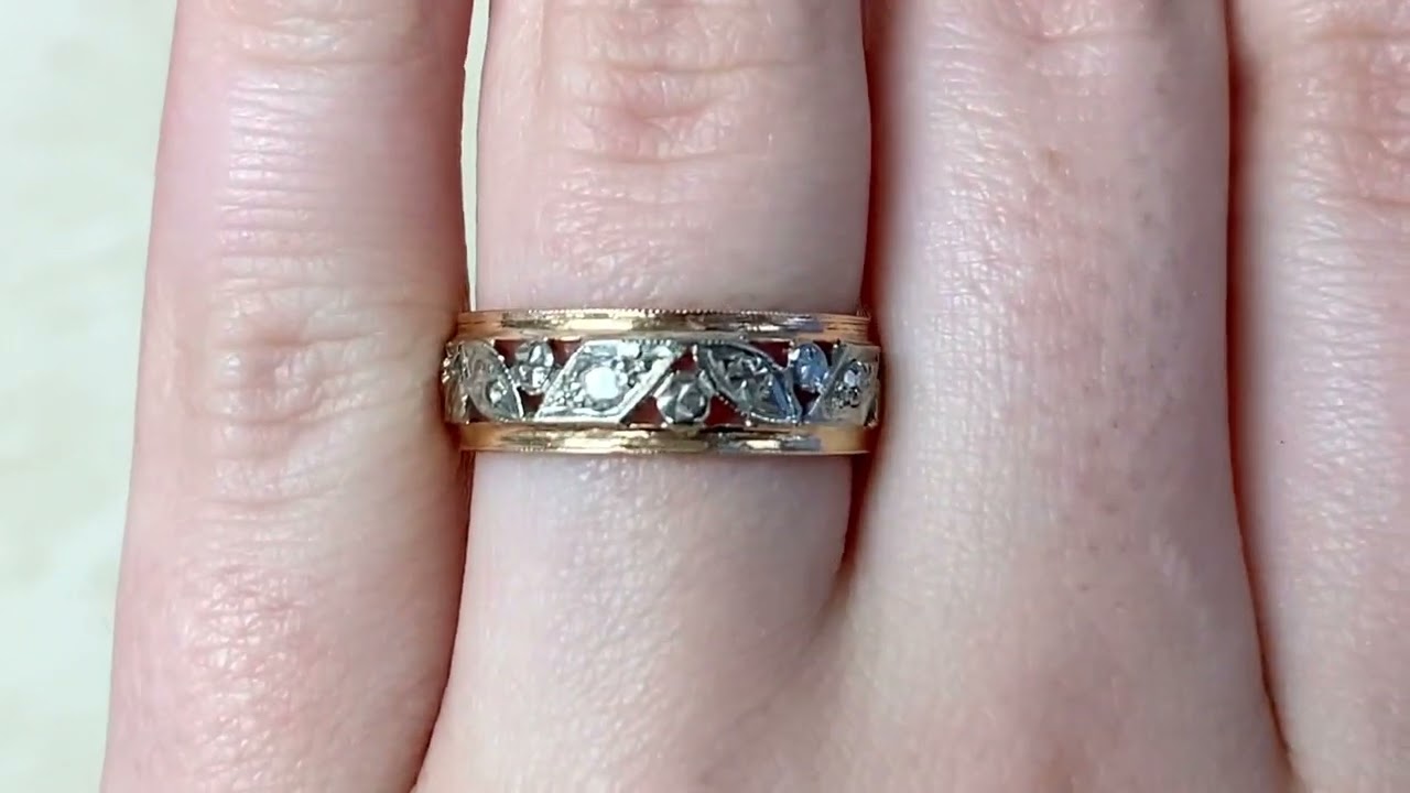 Retro Two-Tone Leaf Motif Eternity Band Set with Single Cut Diamonds - Hellertown Band - Hand Video