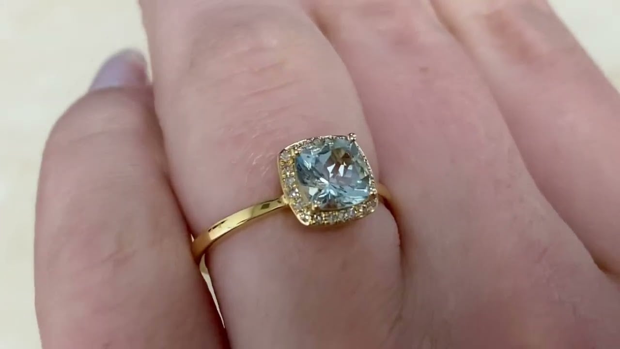0.95 carat Cushion Cut Aquamarine set in Prongs - Windmere Ring - Hand Video