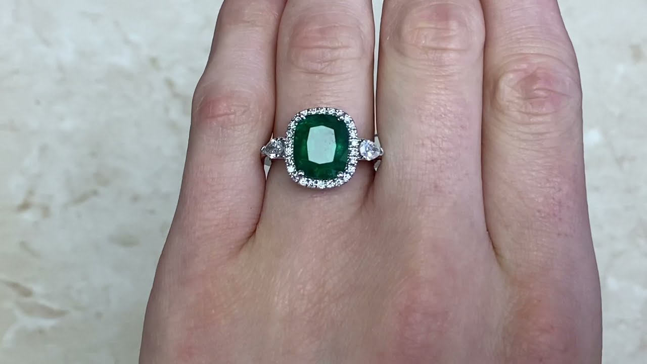 3.90CT Natural Emerald and 18k White Gold Halo Ring - Sheridan Ring - Hand Video