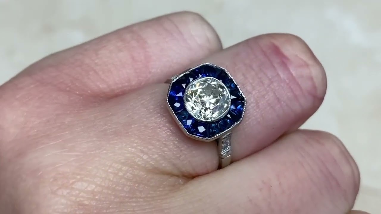 1.49ct Old Mind Cut Diamond & Natural Sapphire Halo Engagement Ring - Bellino Ring - Hand Video