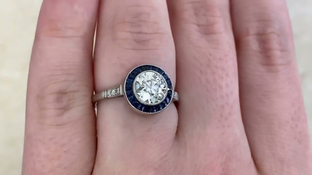 1.29ct Old European Cut Diamond Sapphire Halo Corby Ring - Hand Video -