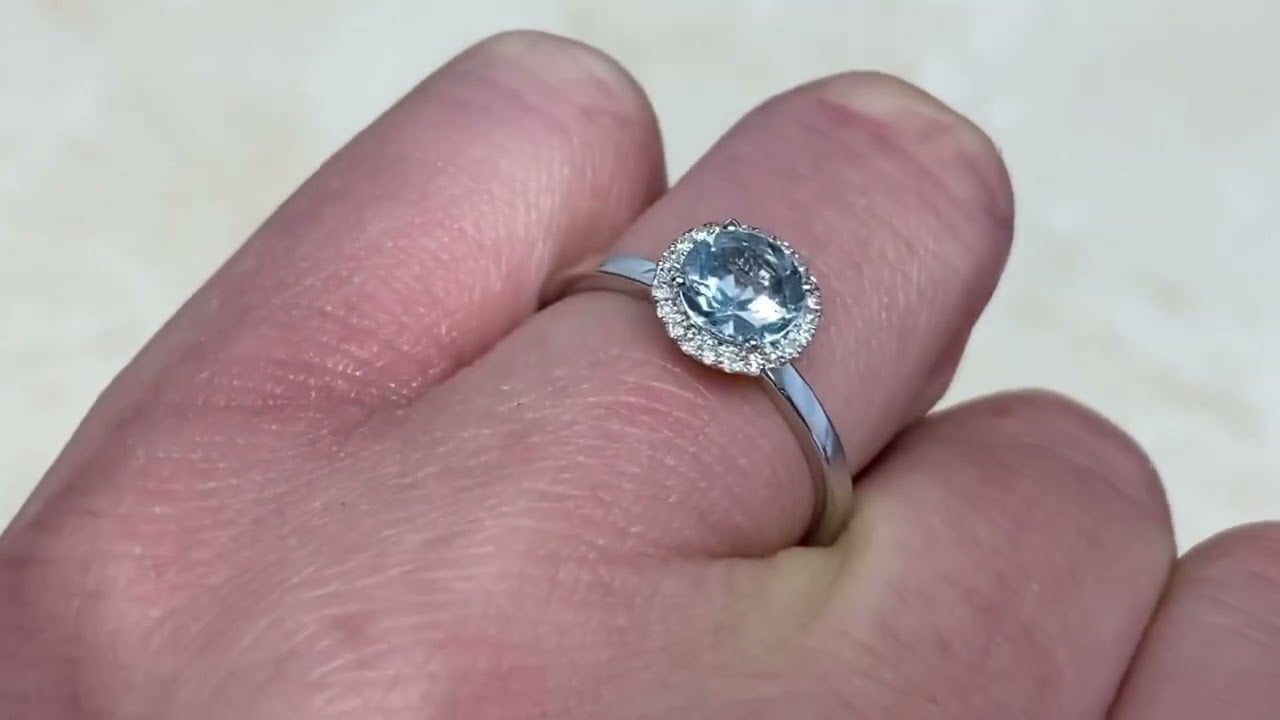 0.80ct Natural Round Cut Aquamarine Diamond Halo Engagement Ring - Aqua Halo Ring - Hand Video