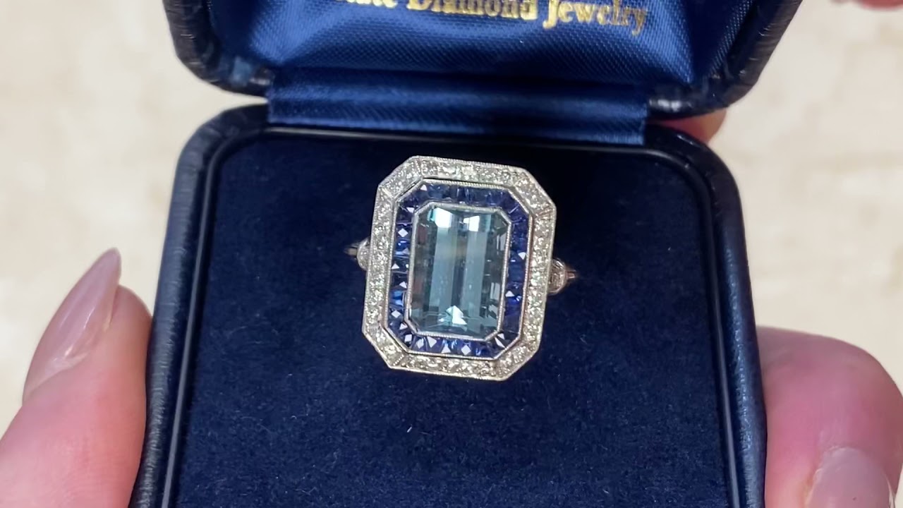 Center Aquamarine and Sapphire and Diamond Halo Geometric Ring - Denver ring - Showroom Video