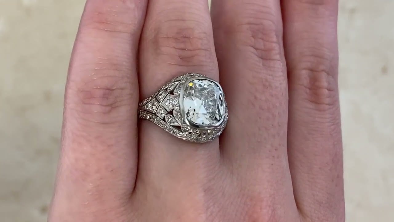 Antique 3.08ct Cushion Cut Diamond Clearfield Ring, Circa 1920 - hand video