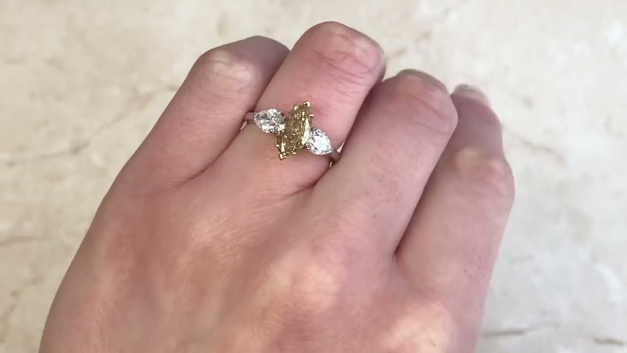 Three Stone Fancy Yellow 1.56 Carat Marquis Cut Diamond Ring - Hand Video - Massachusetts Ring