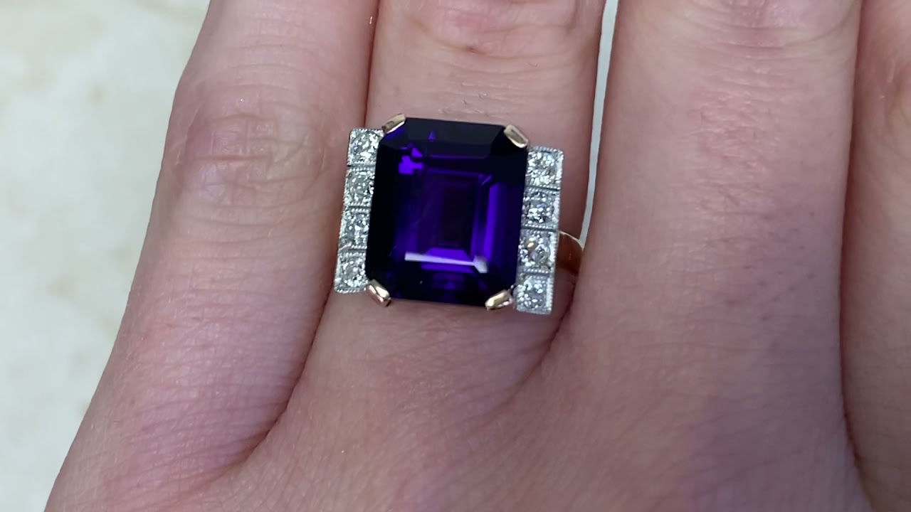 5ct Center Amethyst and Diamond Platinum & 18k Yellow Gold Ring Circa 1940 - Barolo Ring -Hand Video