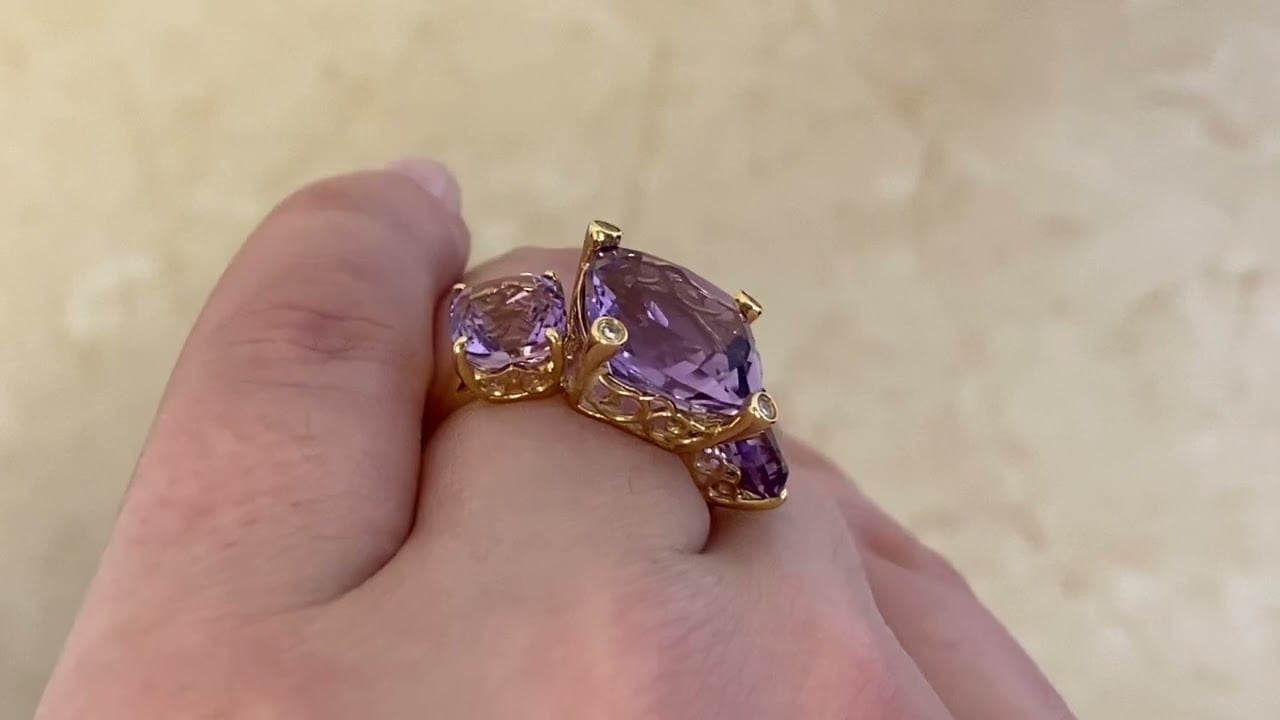 7.87ct Three-Stone Amethyst Gemstone Lozova Ring - hand video