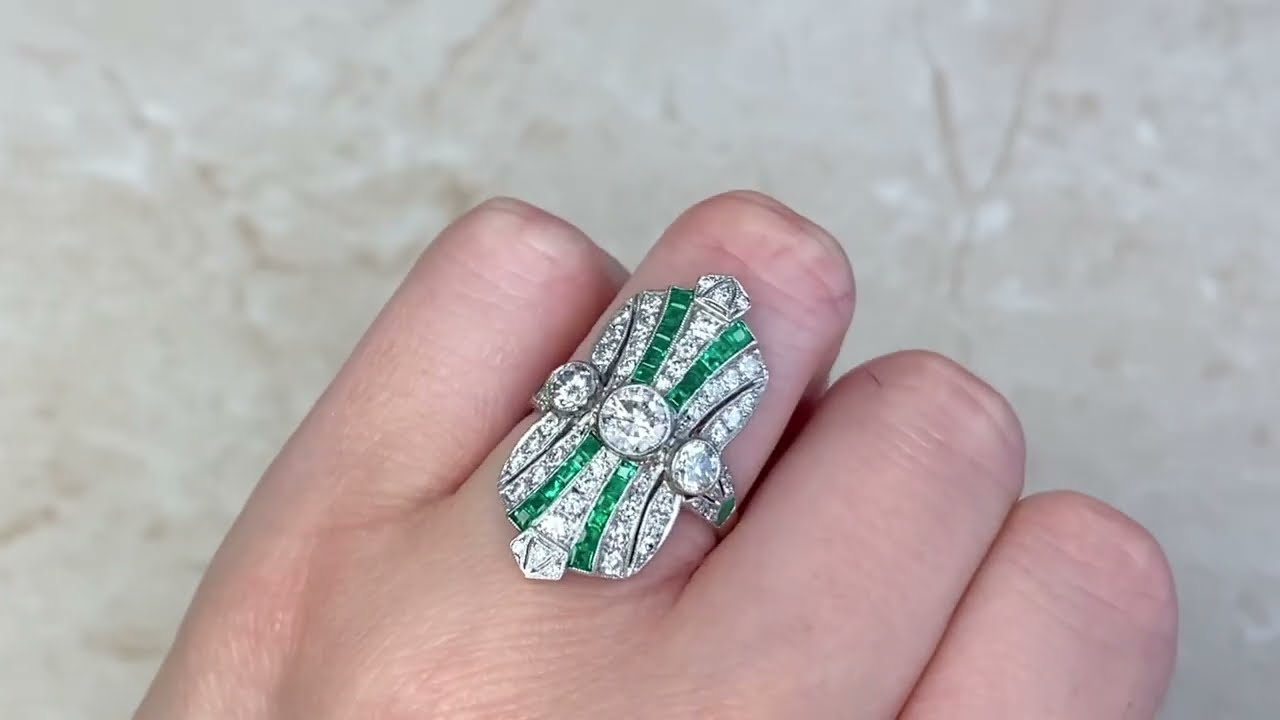 Geometric Diamond & Natural Emerald Elongated Cocktail Ring - West Castle Ring - Hand Video