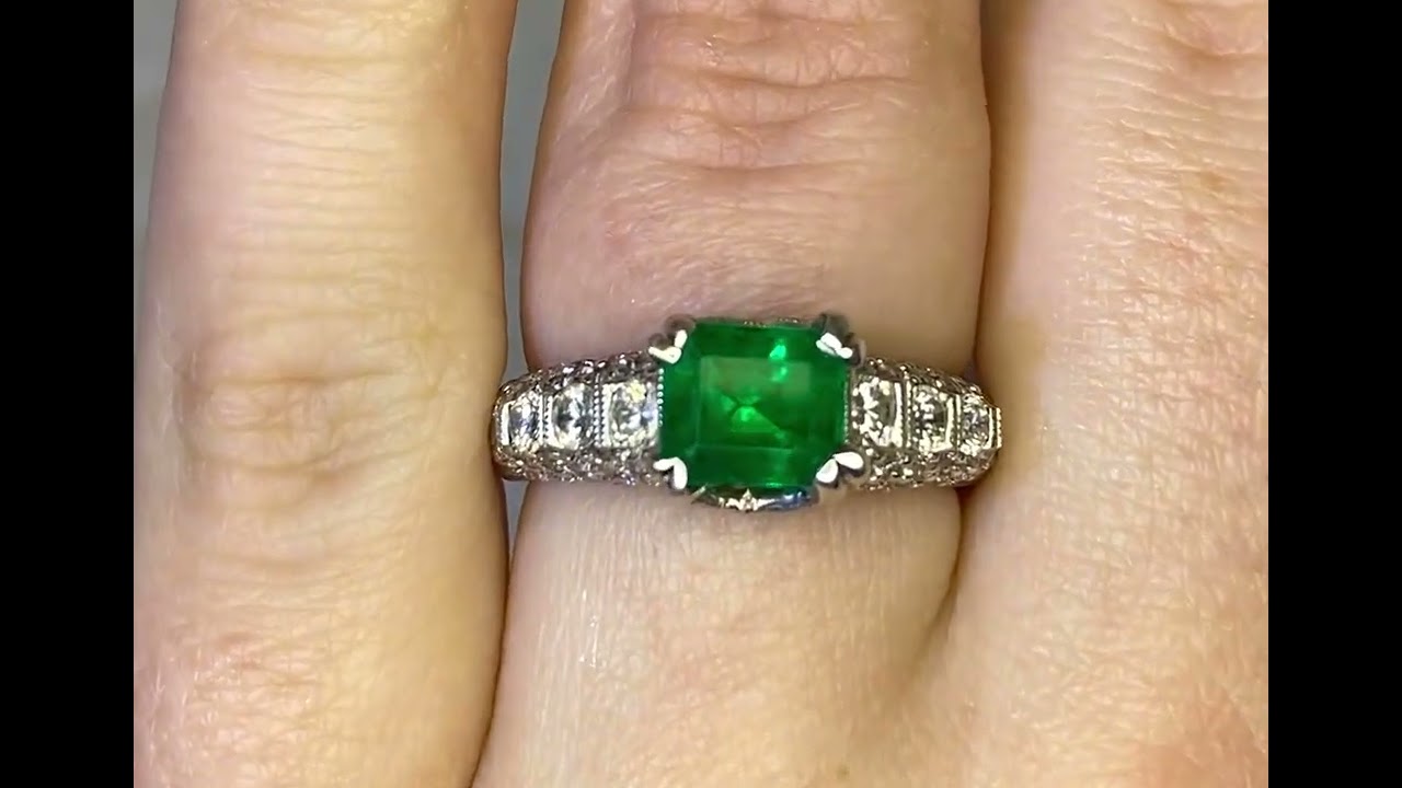 1.22ct Center Emerald Cut Emerald and Diamond 18k White Gold Ring - Holmes Ring - Hand Video