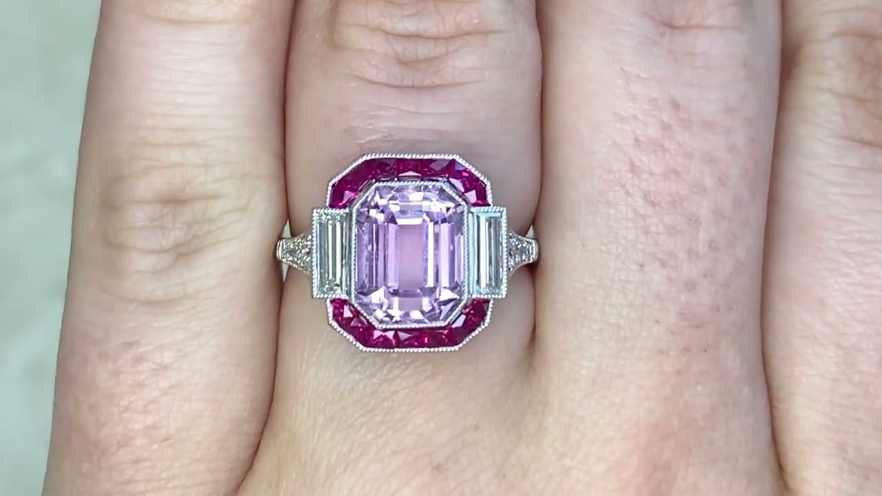 4.18ct Center Emerald Cut Kunzite and Ruby & Baguette Diamond Halo Ring - Belfort Ring - Hand Video