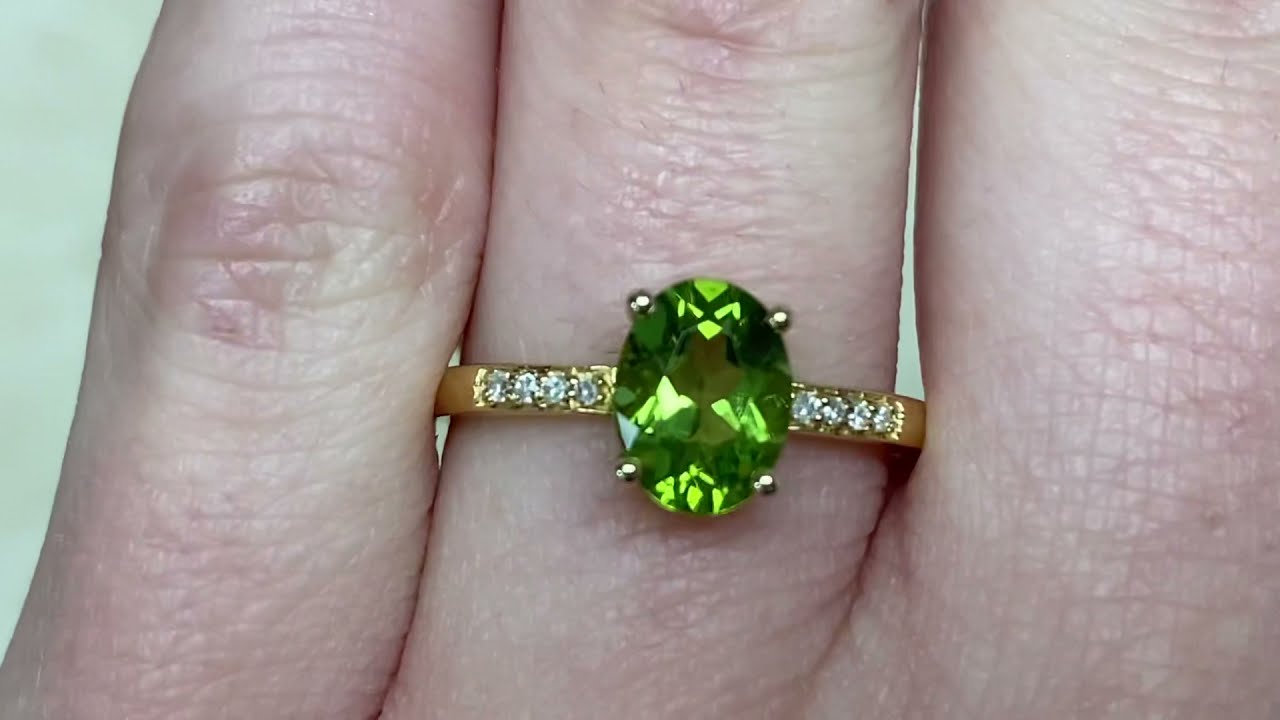 1.10ct Center Peridot and Diamond 14k Yellow Gold Ring - August Birthstone Ring - Hand Video
