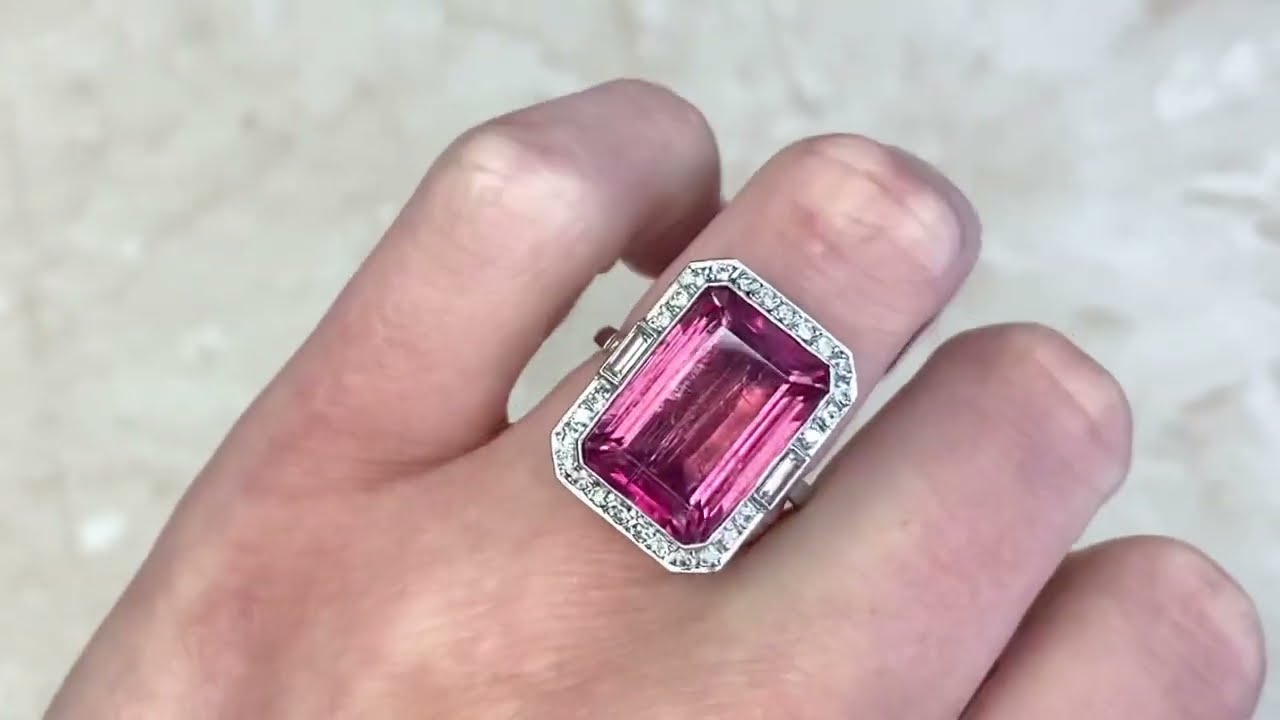 12.11ct Natural Emerald Cut Rubellite & Diamond Halo Gemstone Ring - Naples Ring - Hand Video