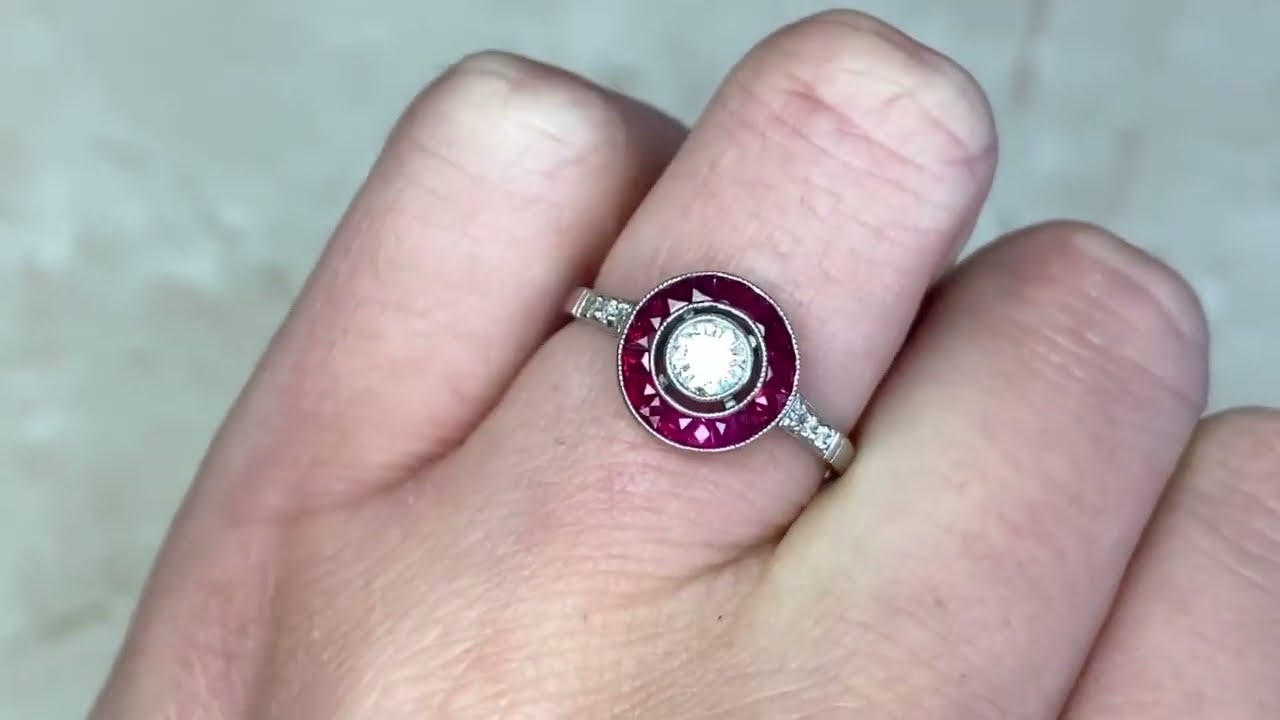 0.25ct Diamond & Natural French Cut Ruby Halo Engagement Ring - Colton Ring - Hand Video
